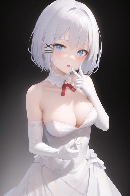 00067-300710133-, gradient, gloves, breasts, hair_ornament, elbow_gloves, solo, index_finger_raised, white_dress, blue_eyes, medium_breasts, whi.png